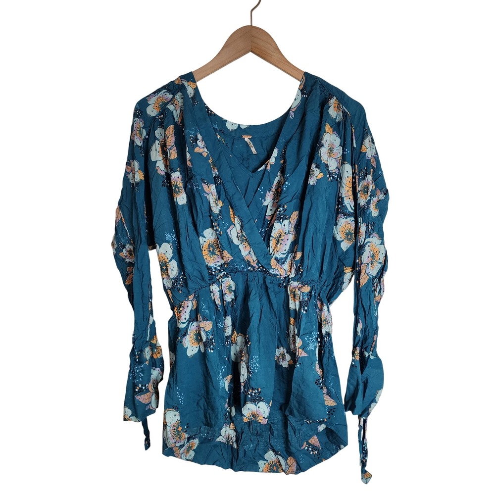 Free People Tunic Top Women's XS‎ Floral Boho Long Sleeve Blue